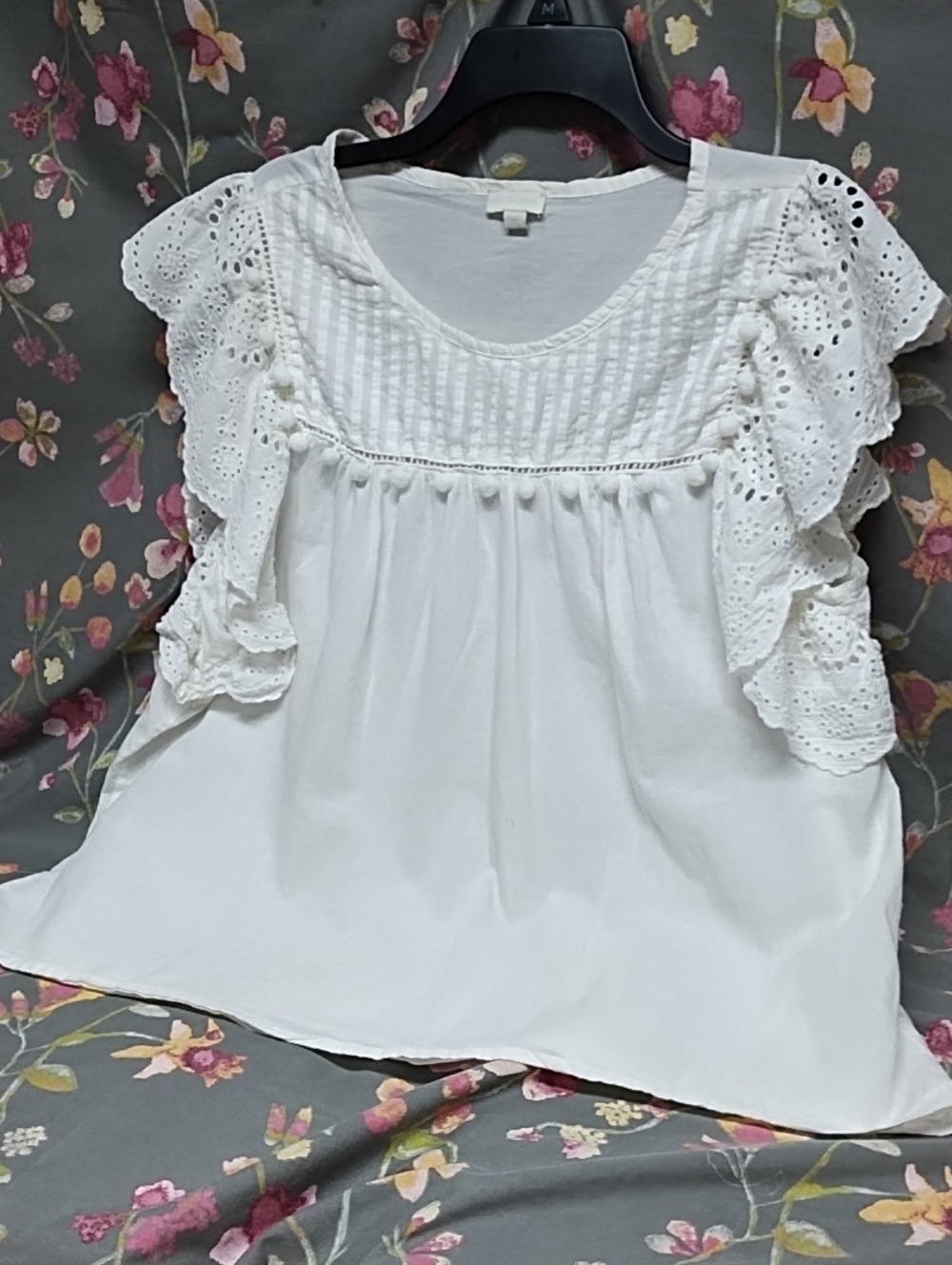 Women’s White Eyelet Ruffle Yoke Blouse